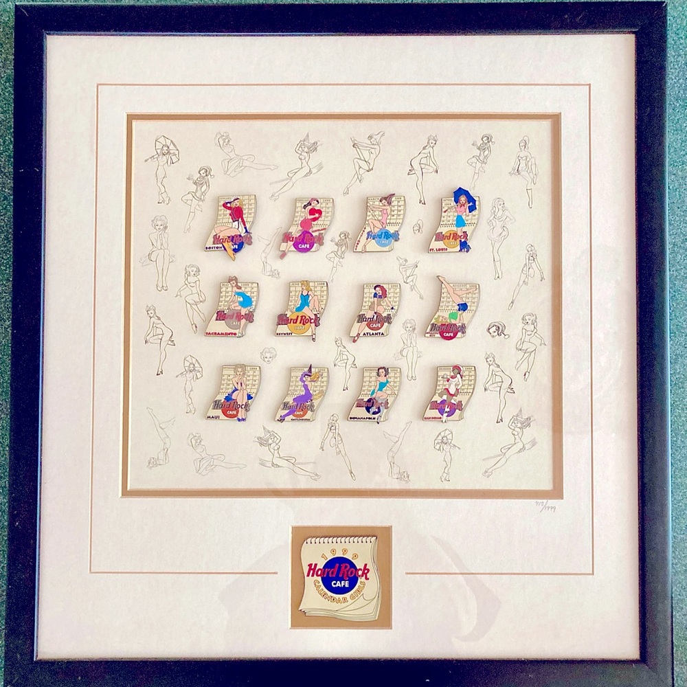 Limited Edition Framed 1999 Hard Rock Cafe Calendar Girls Pins  415/1999